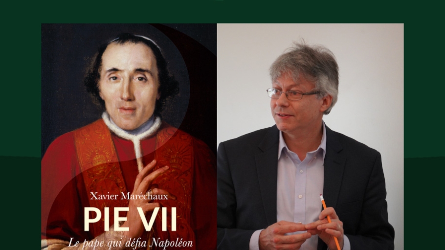 Photo of the book "Pie VII, Le Pape qui défia Napoléon” and it's author, Dr. Xavier Marechaux