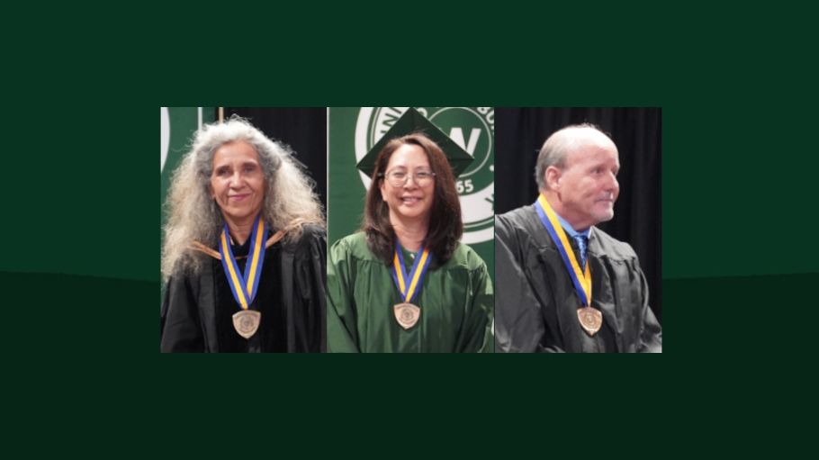 Headshots of Dr. Sylvie Kandé, Penny Jane Chin and Brian Realmuto wearing their SUNY Chancellor's Medals of Excellence.