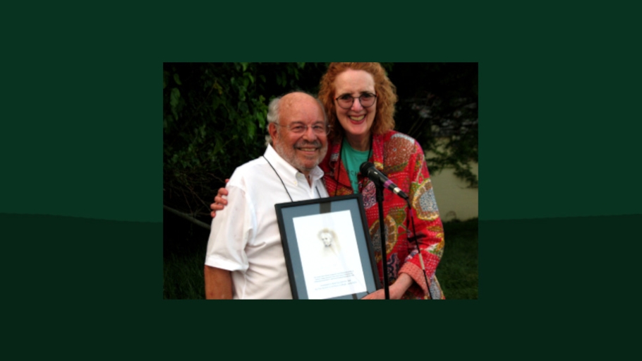 Photo of Professor Karl Grossman with Catherine Jordan, Vice President of the Antioch College Alumni Association