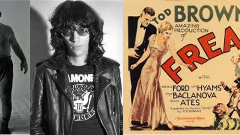 three images showing a man in a leather jacket, a movie poster and a large brutish man lifting a woman
