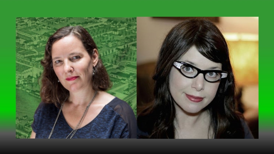 Two white women on a green background