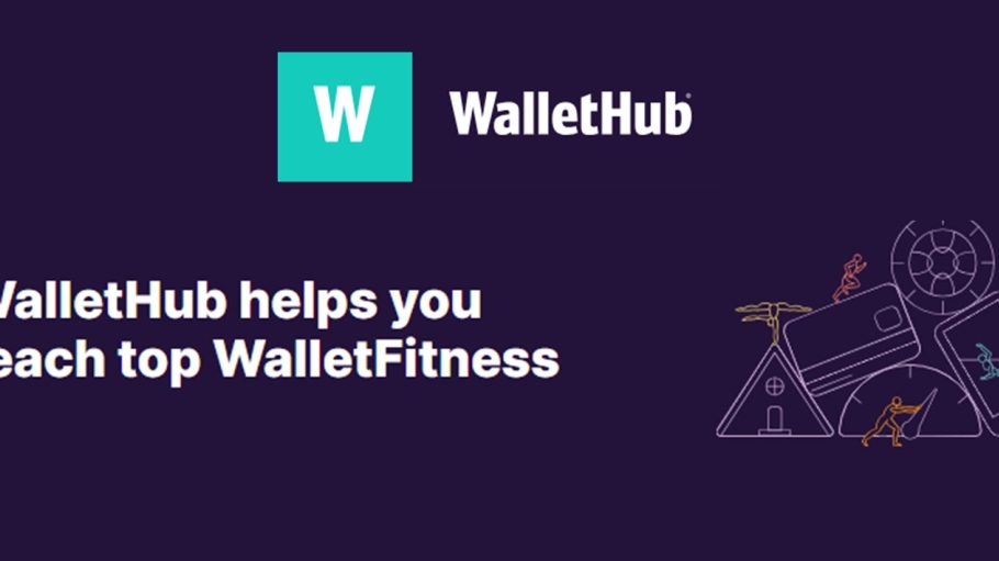 WalletHub W logo in aqua square within purple background with clip art images related to finance
