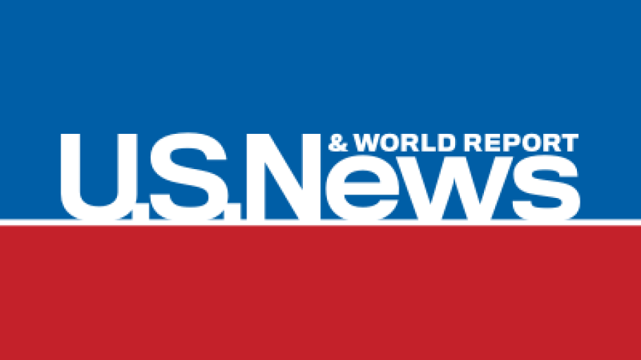 Square with half colored blue, half red with white text reading U.S. News & World Report