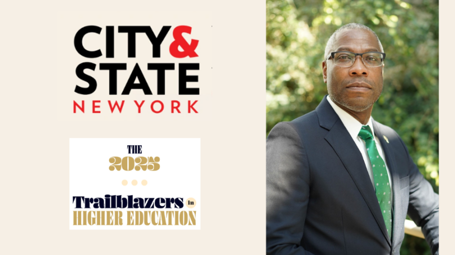 Black man in suit alongside two logos reading "City & State" and "2025 Trailblazers in Higher Education"