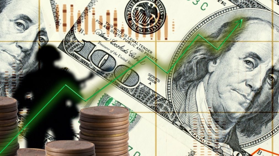 Stacks of money and silhouette of soldier on dollar background. 