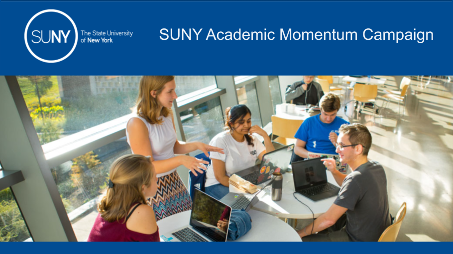 Students working in a small group with a professor standing along with the round SUNY logo and text reading SUNY Academic Momentum Campaign