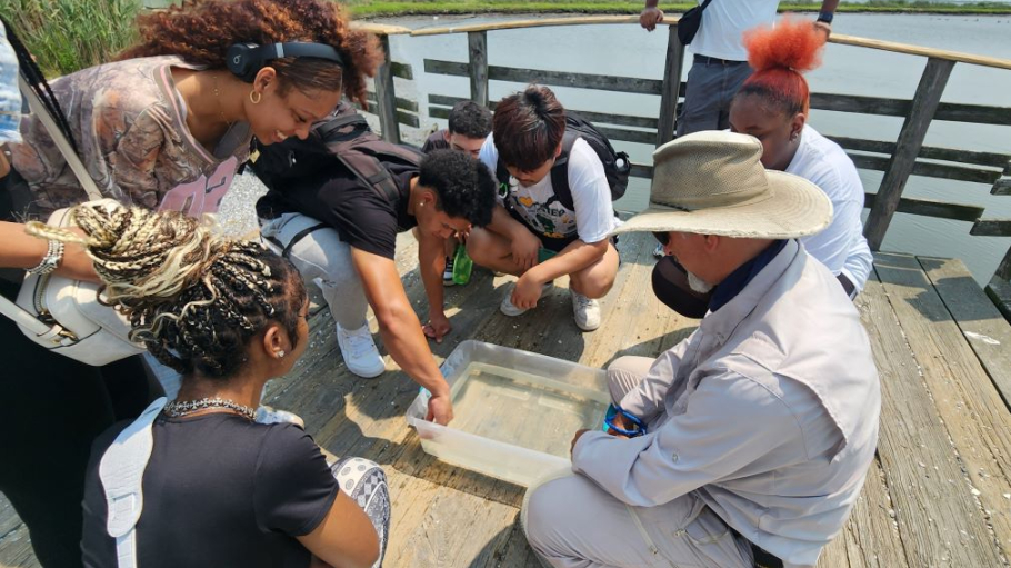 Five young men and woman crowd around a water-filled basin as a park ranger looks on