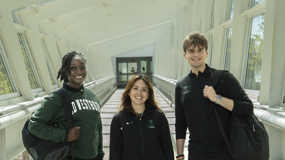 Three students at Campus Center bridge