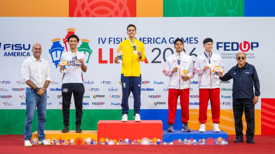 Athletes standing on three-tiered podiums wearing gold, silver and bronze medals