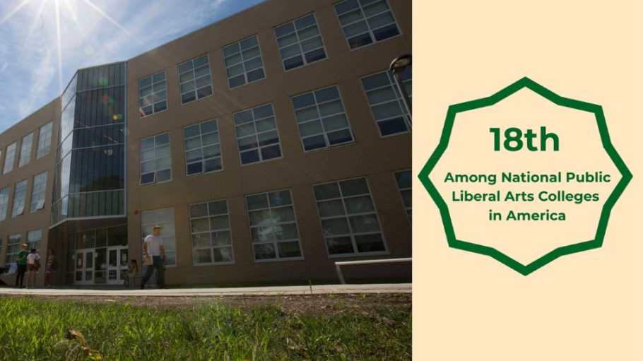 Academic building on a sunny day with a badge superimposed that reads 18th among Public National Liberal Arts Colleges