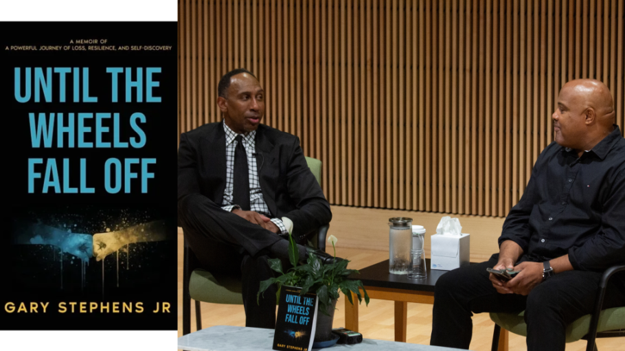 Collage of Until the Wheels Come Off Book Cover with photo of two in conversation while men seated on a stage