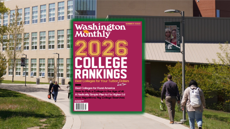 Students walking on a campus with a magazine cover superimposed