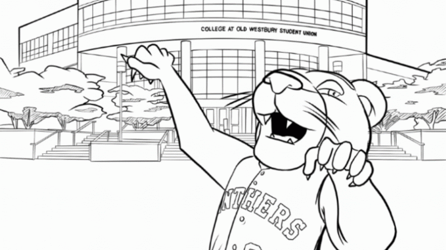 A cartoon of the mascot in front of the Student Union