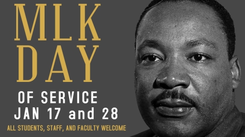 Martin Luther King Jr. with text for Day of Service on January 17 and 28, 2022