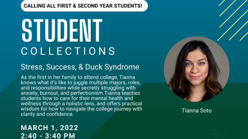 Poster for Student Collections Series for First and Second Year students- Stress, Success, & Duck Syndrome
