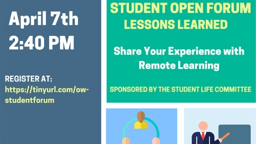 Flyer for the virtual student open forum held by The Student Life Committee on April 7th at 2:40 p.m.