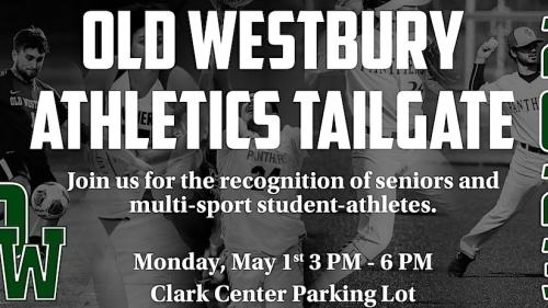 Collage of athletes with text reading Old Westbury Athletics Tailgate