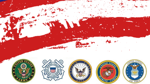 Five seals of U.S. military branches against a backdrop of red and white stripes