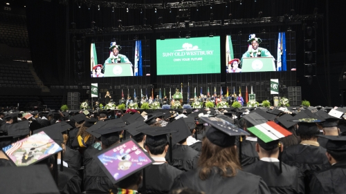 Students facing the stage at Commencement