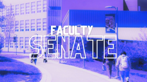 Exterior of Academic Building with type reading "Faculty Senate" as an overlay