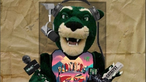 Green panther mascot holding media equipment