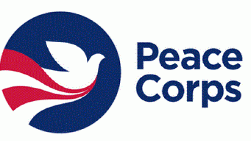 Blue and red logo featuring a flying dove