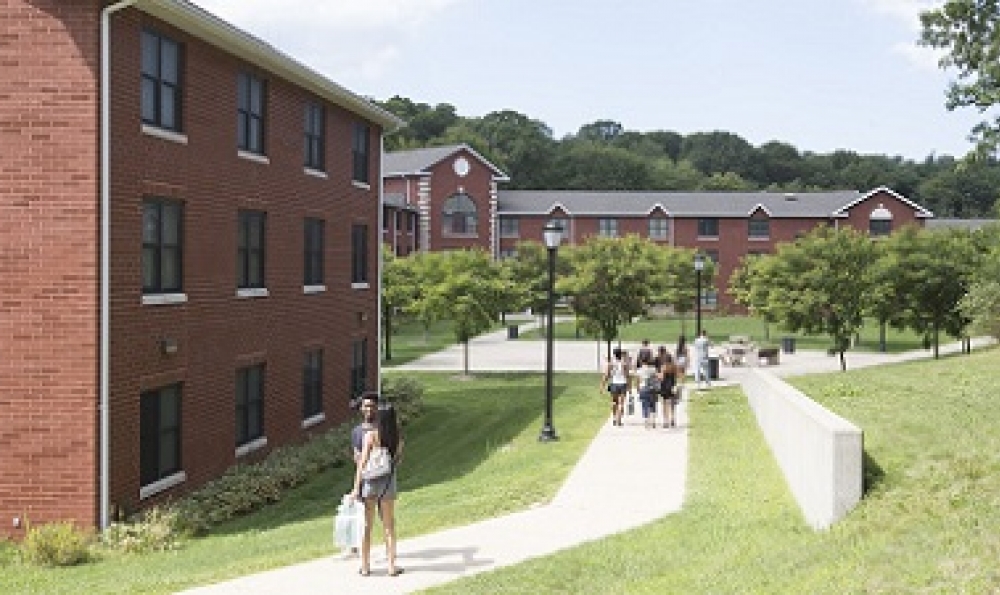 Students walking among the Woodlands Halls on a sunny day