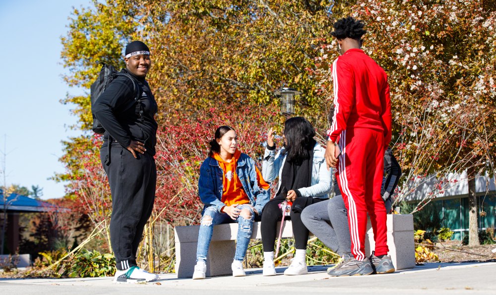 Five students enjoy their time together on a bench surrounded by colorful autumn leaves on campus
