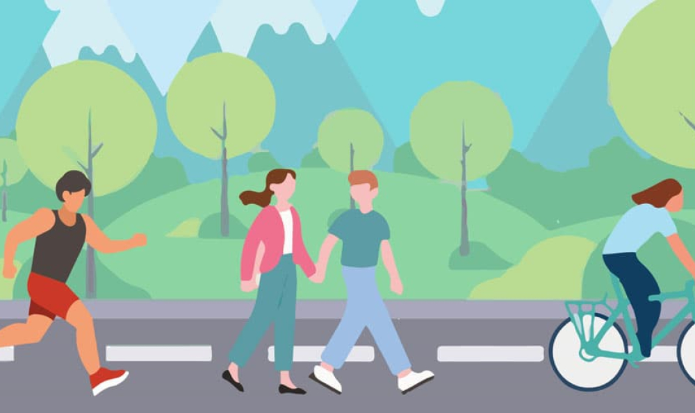 a man running, a couple walking hand in hand, and a woman riding a bicycle on a road lined with trees and mountains in the background