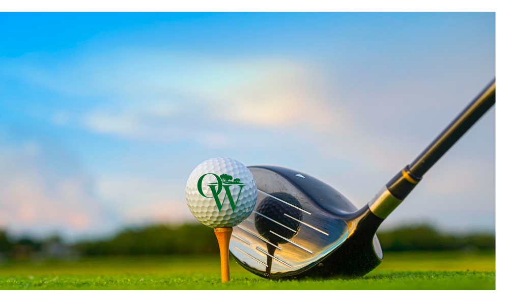 A golf ball on a tee next to a driver club on a sunny green field