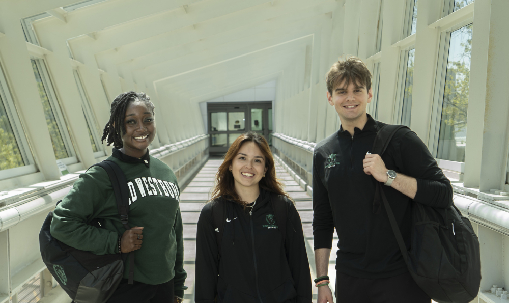 Three students at Campus Center bridge